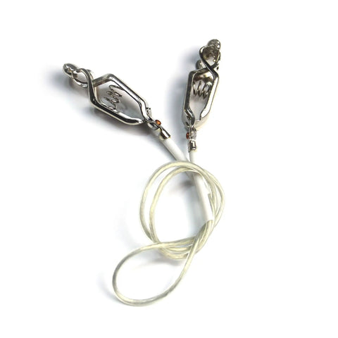 Pro Grade Fencing Body Cord and Mask Cord Set with Twin Core Copper Wires, two wire clamp clips, clear wire, close-up view