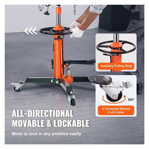 Transmission Jack 1322 Lbs Hydraulic Telescoping 32 To 67 Inch High Lift Floor Stand Hoist with wheels and auxiliary ring.