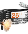 Three Outlet Outdoor Extension Cord 25 Ft 16 AWG 3 Conductor With Indicator Light Hook Design Waterproof SJTW ETL Listed