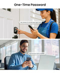 Keyless Fingerprint Door Lock With Keypad Deadbolt In Matte Black shown with delivery person using phone for entry code.