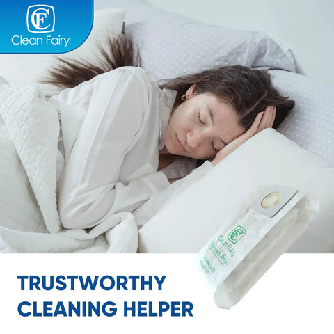 Woman sleeping on white pillows with Clean Fairy vacuum bag package in foreground, labeled 'Trustworthy Cleaning Helper'.