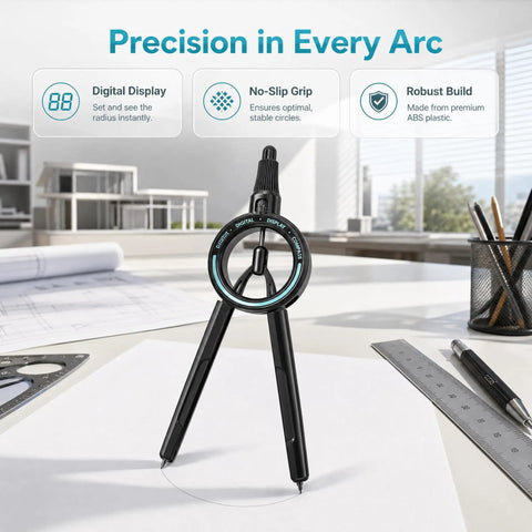 Digital Radius Compass Draw Tool With 0.5mm Lead For Precise Circles Drafting And Geometry on desk with sketches