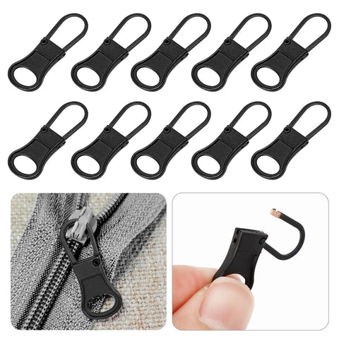 Ten Piece Zipper Pull Replacement Kit With Detachable Tabs For Jackets Backpacks Purses Suitcases And Luggage In Black Durable Zinc Alloy Easy Install Long Lasting Smooth Operation