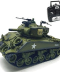 Remote Control Battle Tank 15 Channel 2.4GHz RC Tank One Twentieth Scale Sherman M4A3 with controller, side view