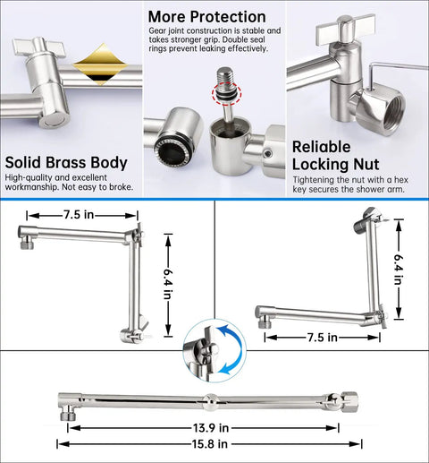 12 Inch Rainfall Shower Head With Handheld Spray Combo components and measurements, brushed nickel metal, adjustable extension arm configuration