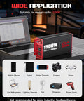 3000W Power Inverter Dc 12V To Ac 120V With Four Outlets Quick Charge Usb Ports Lcd Display next to a laptop showcasing various devices it powers.