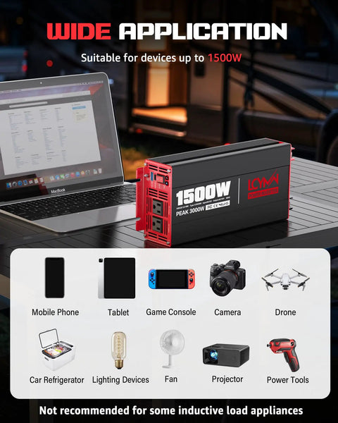 3000W Power Inverter Dc 12V To Ac 120V With Four Outlets Quick Charge Usb Ports Lcd Display next to a laptop showcasing various devices it powers.