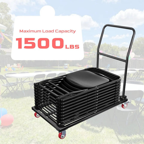 Heavy Duty Folding Chair Dolly Holds Up To 1500 Lbs Beefy Steel L Shaped Cart for party rentals, chairs stacked on cart