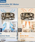 Diagram showing reversible DC motor functionality of a 20 Inch Farmhouse Flush Mount Ceiling Fan With Lights And Remote in summer and winter modes
