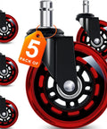3-Inch Office Chair Caster Wheels Replacement Set Of 5 Red Scratch-Free Non-Marking Rubber Rollers For All Floors Including Hardwood And Carpet