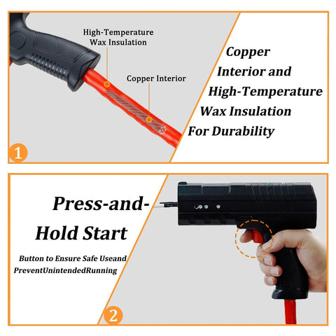Induction bolt heater tool, two-panel graphic: copper-coil assembly top, black handheld unit bottom.