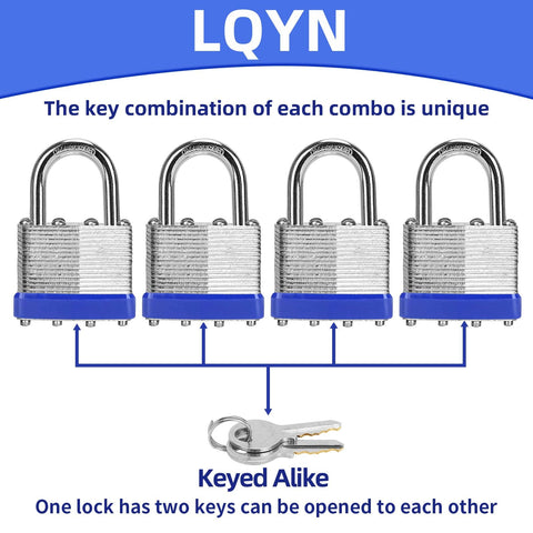 Image showing a set of four keyed alike laminated heavy duty padlocks with hardened shackle and keys beneath them.