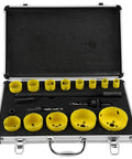 Top Tier M42 Hole Saw Kit With 19 Pieces Ranging From 19mm To 76mm For Cutting Steel Aluminum Wood Plastic Gypsum And More With Carry Case. Open case with yellow hole saws