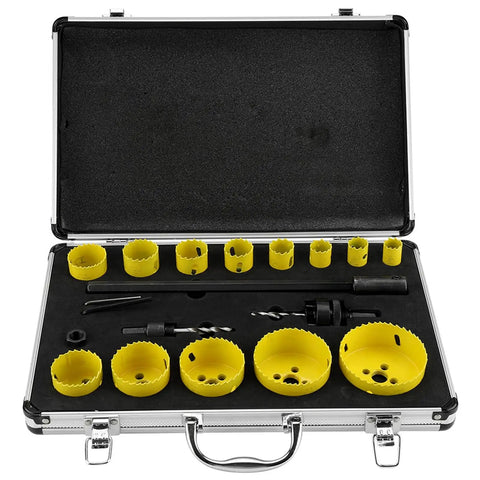 Top Tier M42 Hole Saw Kit With 19 Pieces Ranging From 19mm To 76mm For Cutting Steel Aluminum Wood Plastic Gypsum And More With Carry Case. Open case with yellow hole saws