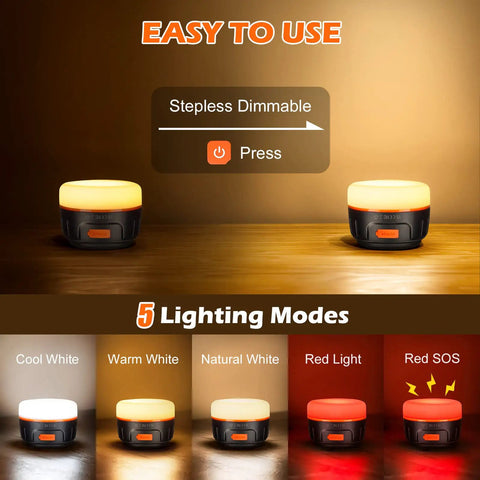 Rechargeable LED Camping Lantern With Remote Control, 1000 Lumen Tent Light showing 5 lighting modes and dimmable feature