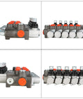 ALL-CARB 5-spool hydraulic directional control valve; front, side, and top views with red adjustment caps.