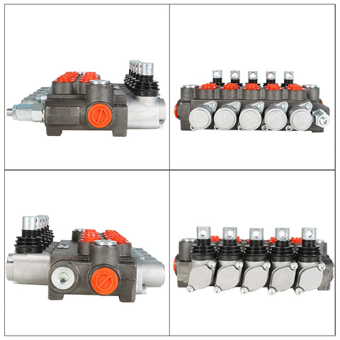 ALL-CARB 5-spool hydraulic directional control valve; front, side, and top views with red adjustment caps.