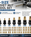 Rock Solid Heavy Duty Carbon Steel Rivet Nut Tool Kit With Mandrels And Flat Head Inserts, 7 tool heads and 70 rivet nuts displayed.