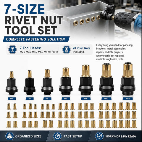 Rock Solid Heavy Duty Carbon Steel Rivet Nut Tool Kit With Mandrels And Flat Head Inserts, 7 tool heads and 70 rivet nuts displayed.