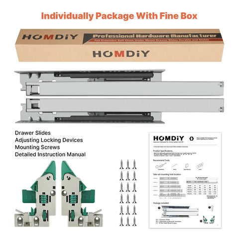 Soft Close Undermount Drawer Slides 22 Inch Concealed 2 Pairs Bottom Mount Full Extension Hidden Drawer Hardware packaging