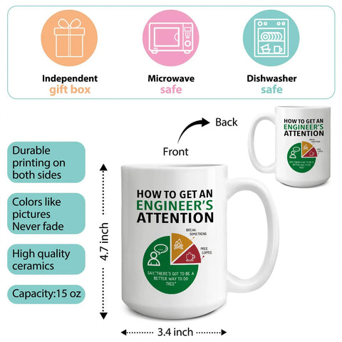 Funny Engineering Mug For The Engineer In Your Life How To Get Their Attention Coffee Cup shown with features and dimensions.