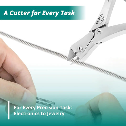 Compound Action Wire Cutter With Stainless Steel Carbide Inserts cutting a small wire, close-up of 6 inch taper head in use.
