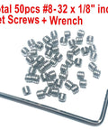 304 Stainless Steel Hex Socket Set Screws 8-32 X 1/8 Inch, 50-Piece Set With 5/64 Inch Allen Wrench on white background