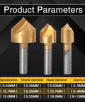 KATUR 3-piece gold HSS chamfering end mill set with 1/4in shank; head diameters 9.53/12.7/19.0 mm, apertures 2–5/5–9/8–13 mm