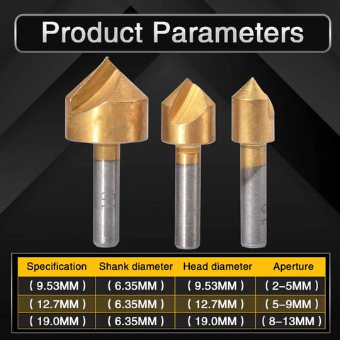 KATUR 3-piece gold HSS chamfering end mill set with 1/4in shank; head diameters 9.53/12.7/19.0 mm, apertures 2–5/5–9/8–13 mm