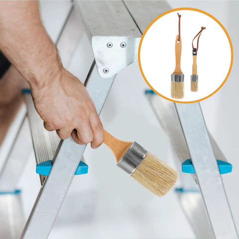 Person holding Two Piece Oval Wood Handle Paint Brush Set With Synthetic Bristles For Deck Stain And Wall Paint near ladder