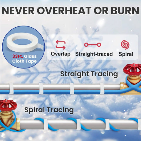 Illustration of 30 Ft 120 V Heating Cable For Pipe Freeze Protection Self Regulating Heat Tape, showing straight and spiral tracing.