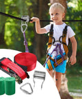 Backyard Zip Line Kit With Pulley For Teens And Kids Outdoor Fun No Fuss Setup Stable Play Set For Yard Or Park Supports Up To 250 Lb Safe Balance Training For Beach Camp School And Home Play with child using zip line in a forest setting