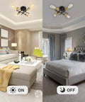 Living room and bedroom with Dope Semi Flush Mount Ceiling Light Fixture Four Light Modern Gold And Black Brushed Metal Sputnik Chandelier.