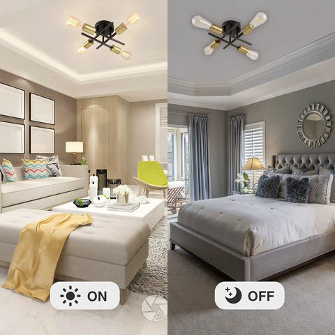 Living room and bedroom with Dope Semi Flush Mount Ceiling Light Fixture Four Light Modern Gold And Black Brushed Metal Sputnik Chandelier.