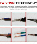 Twisting effect display showing various types of cables, highlighting the Auto Electric Wire Twister Stripper Machine For Shielded Cable.