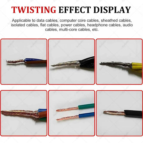Twisting effect display of various cables showing twisted strands. Automatic Electric Wire Twister And Stripper Machine With 3 Brushes For Shielded Cables Efficiently Splits And Twists Strands 5-60mm Range Perfect For Pros.