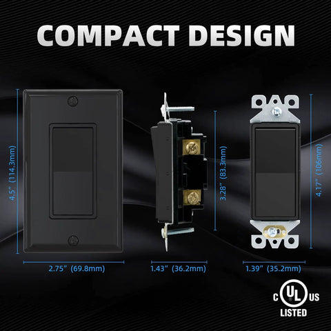 Dimensions of Single Pole Decorator Light Switch With Wall Plate 15A 120-277V Paddle Rocker On Off Self Grounding Residential Grade UL CUL Listed 10 Pack Glossy Black