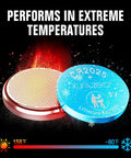 Hella Solid CR2025 3 Volt Coin Cell Batteries 12 Pack, one blue and one red battery, designed for extreme temperatures.