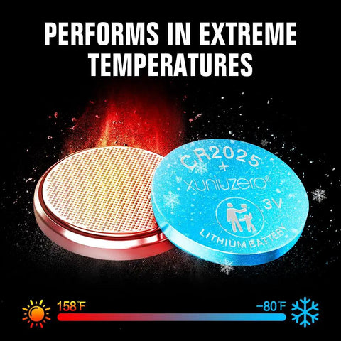 Hella Solid CR2025 3 Volt Coin Cell Batteries 12 Pack, one blue and one red battery, designed for extreme temperatures.