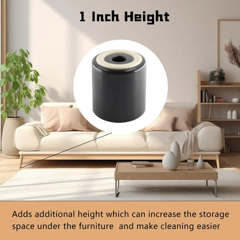 Kick Up Your Living Space Smoothly With These Tough Furniture Feet Risers showing a black rubber riser elevating furniture by one inch.