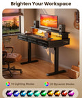 Electric Standing Desk With Three Wooden Drawers, 48 Inch Wide Height Adjustable Sit Stand Desk With Built In Power Outlets And LED Lights