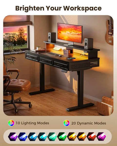 Electric Standing Desk With Three Wooden Drawers, 48 Inch Wide Height Adjustable Sit Stand Desk With Built In Power Outlets And LED Lights