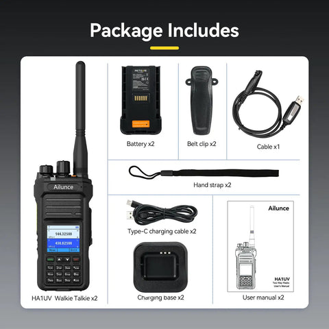 Package includes of Dual Band Ham Radio Handheld With Chirp Upgrade IP67 Waterproof Walkie Talkie USB C 2800mAh Battery