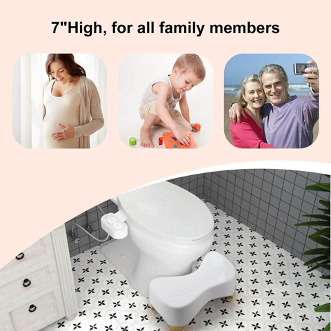 Squat Toilet Stool For Adults And Kids, 7 Inch Tall, Non Slip Poop Stool With 550 Lbs Capacity next to a toilet in bathroom