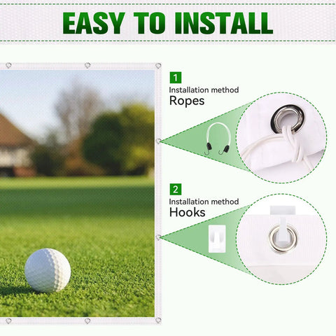 7mm Thickened Ultra Clear Golf Impact Screen installation with ropes and hooks, highlights product features and use