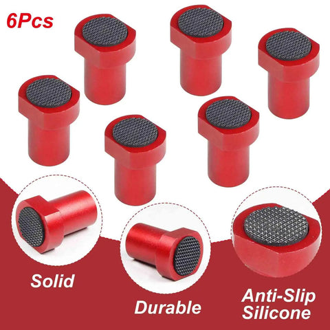 Six Pack Clamp Set For 3/4 Inch 19mm Workbench Holes With Non Slip Pads And Durable Aluminum Alloy MFT Stops, shown in red