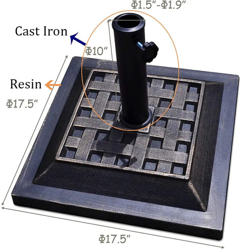 Beefed Up 30Lb Patio Market Umbrella Base With Cast Iron Tube Holder, Classic 17.5 Inch Square Bronze Finish Stand For Garden