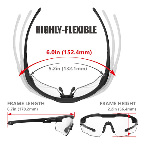Anti Fog Tactical Shooting Glasses For Men Built Tough Military Grade Ballistic Eye Protection For Range Swat Medical And Dental Use ANSI Z87.1 Plus OSHA Compliant MIL PRF 32432A Tested Durable Frame showing dimensions and flexibility