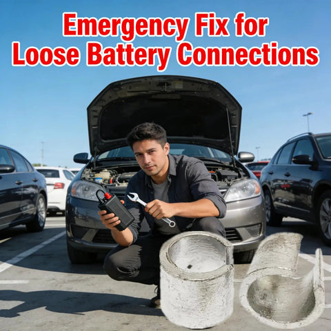 Man fixing car with Two Pairs Pure Lead Battery Post Shims For Positive And Negative Terminals Terminal Sleeves Universal Adapter.