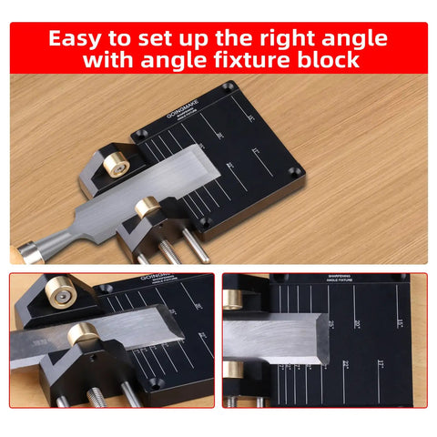 Versatile Honing Guide System for Chisels and Planes, Precision Sharpening Kit with Adjustable Angle Fixture, shown on a table.